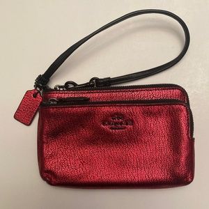 Coach Red And Black Two Zipper Iridescent Wallet